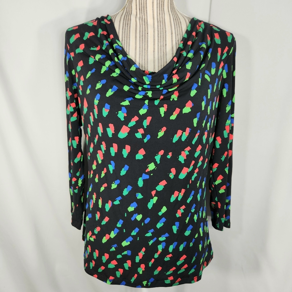Clara Sunwoo Black w/Multi Abstract Print 3/4 Sleeve Drape Neck Top Size Medium